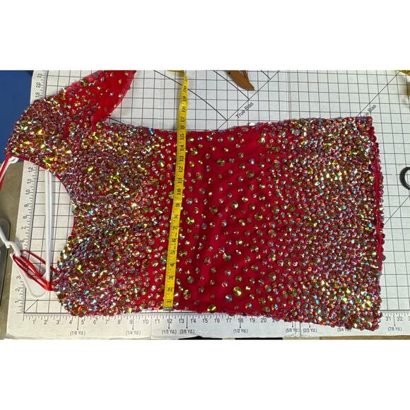 Angela & Alison Red Beaded One Sleeve Prom Formal Mini Short Dress Women 16 - Picture 10 of 10